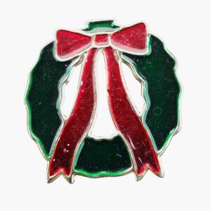 Christmas Wreath Pin Brooch Green Red Bow Vintage Holiday Enamel Jewelry